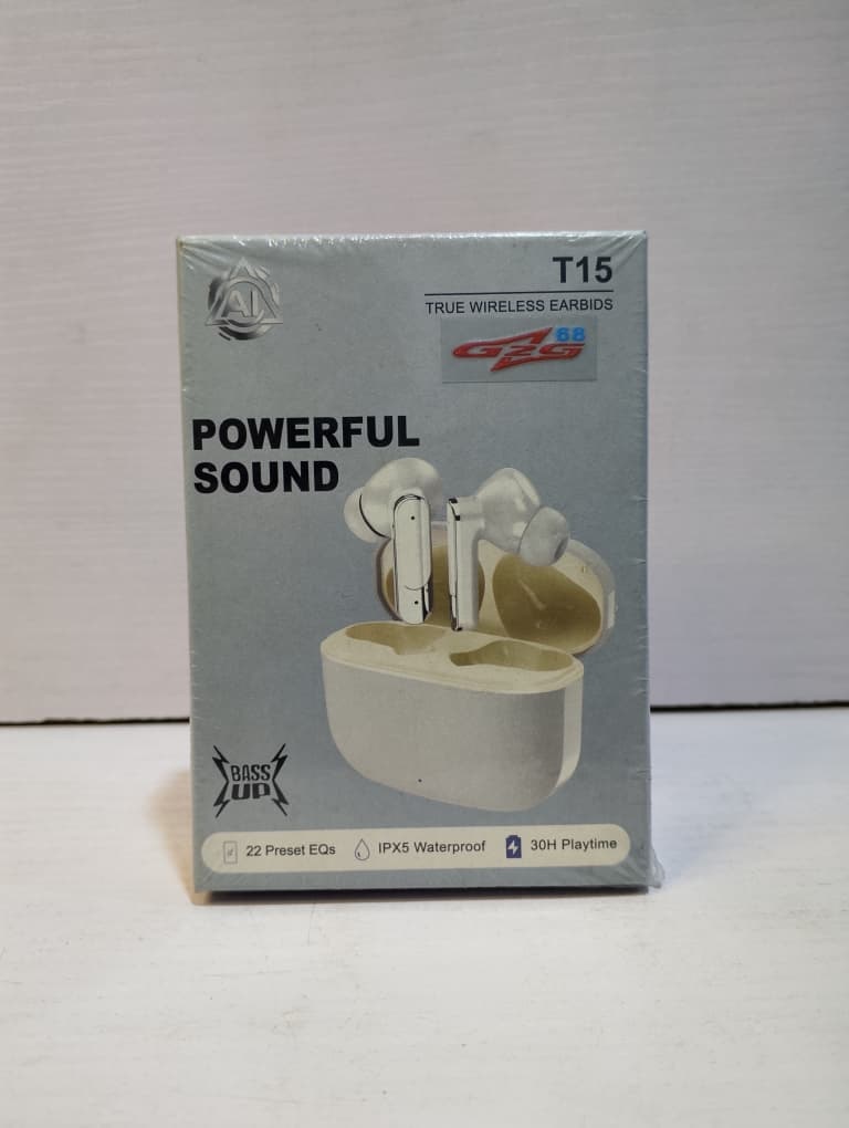 T15 wireless earbuds with charging dock.