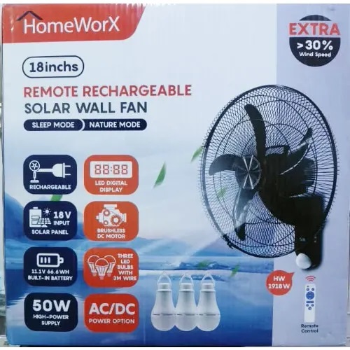 HomeWorX  Remote Rechargeable Solar Wall Fan (HW-1918W) – comes with panel and bulb