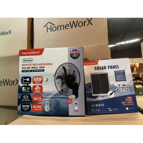 Homeworx 18" Remote Rechargeable Solar Wall Fan With 30W Solar Panel